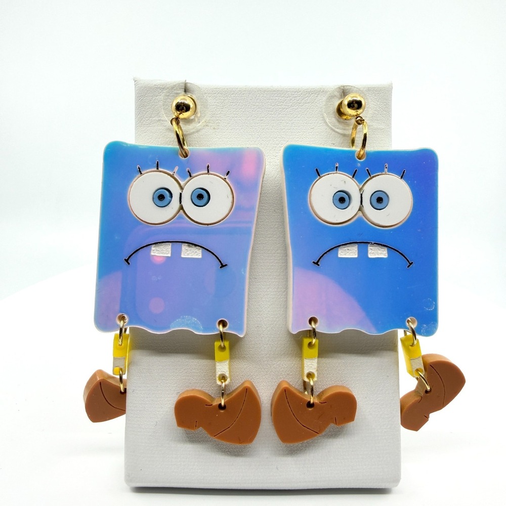 VTG Y2K Iridescent Sponge Novelty Drop Earrings Acrylic Sad Cartoon Character 3"